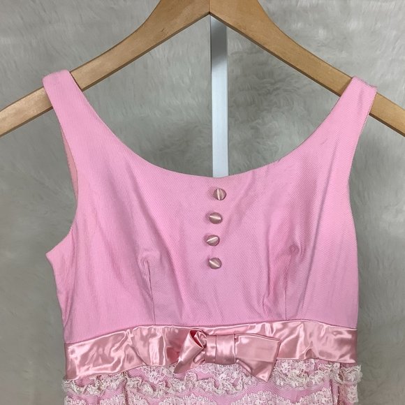 Vintage 1960s Sleeveless Pink Tiered White Lace Empire Waist Dress XXS - Picture 2 of 6